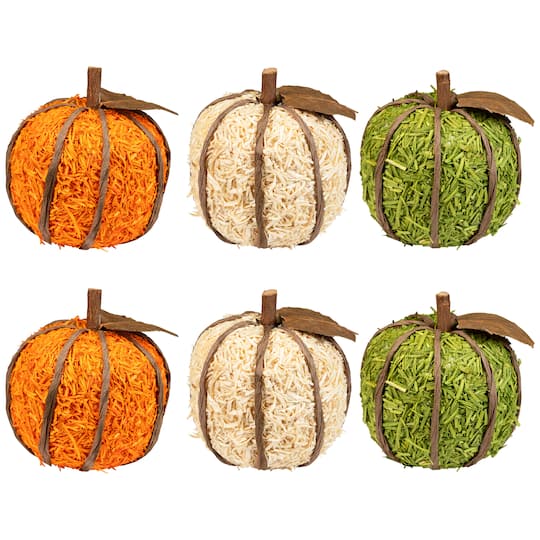 35849196 Textured Shredded Wood Pumpkin Fall Harvest Decorations- 3.5 in. - Orange & Green - Set of 6